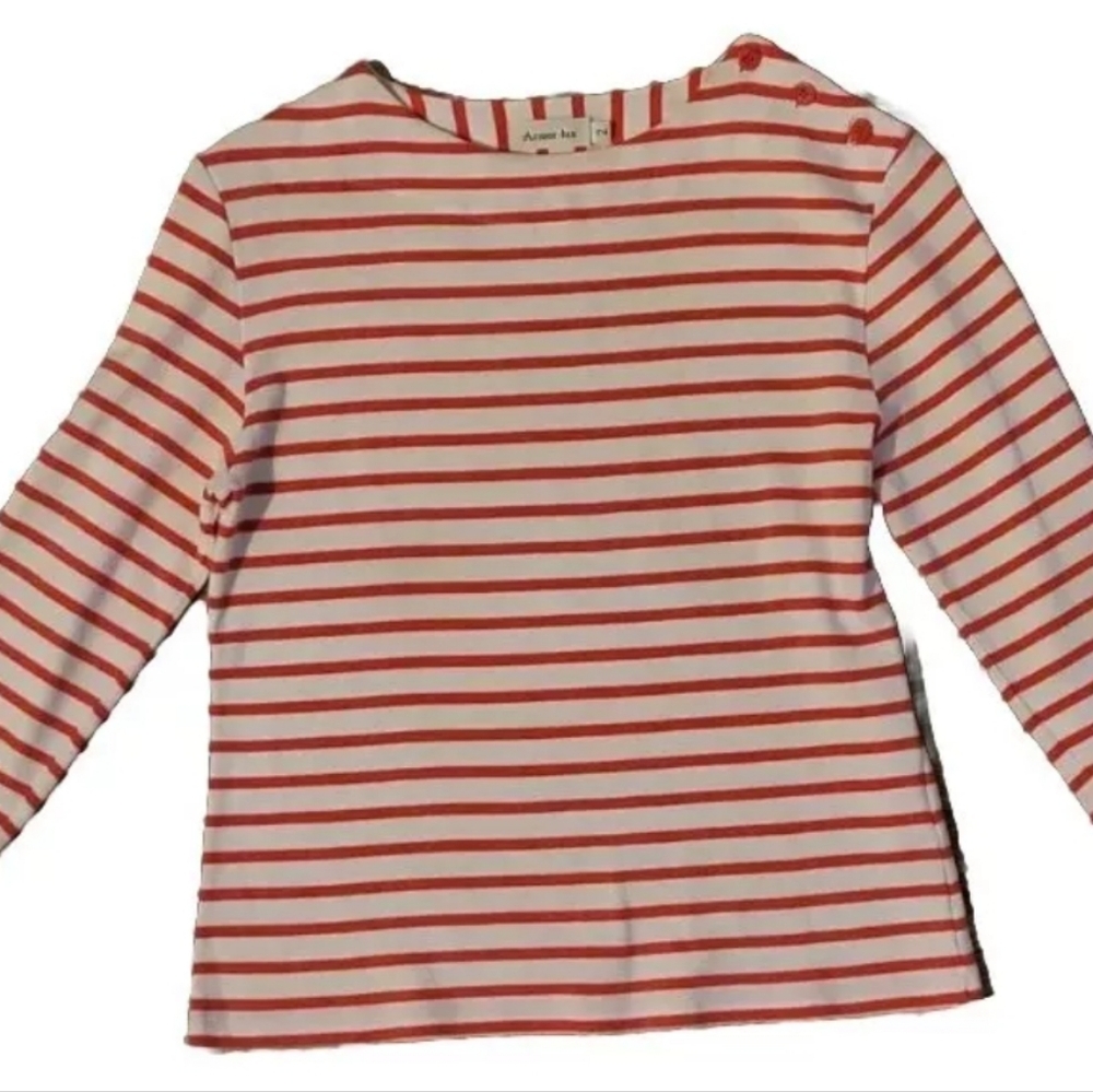 Armor Lux Red Breton Nautical Stripe Top Made in France Cotton Button Shoulder
